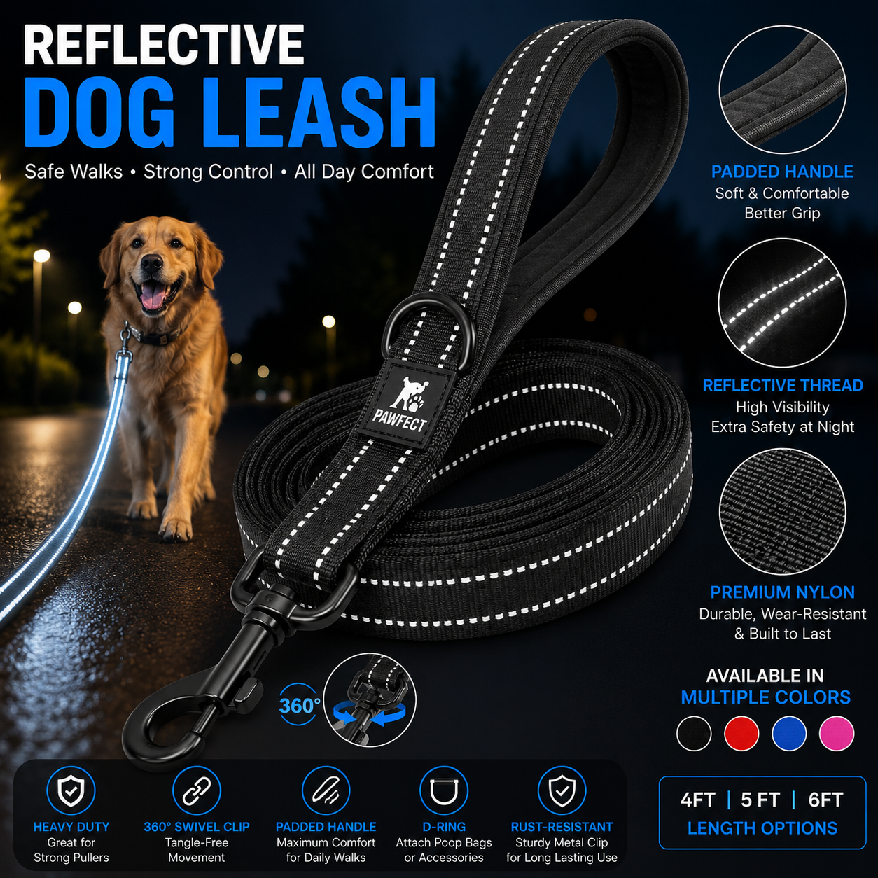 Reflective Dog Leash – Heavy Duty Walking Lead